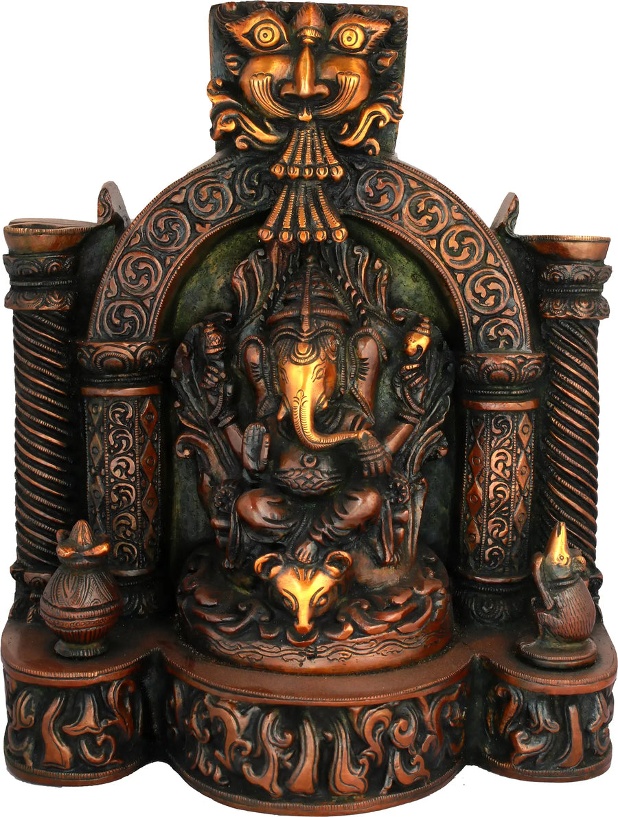 10" Handmade Lambodara Ganapati Brass Idol with Vedika