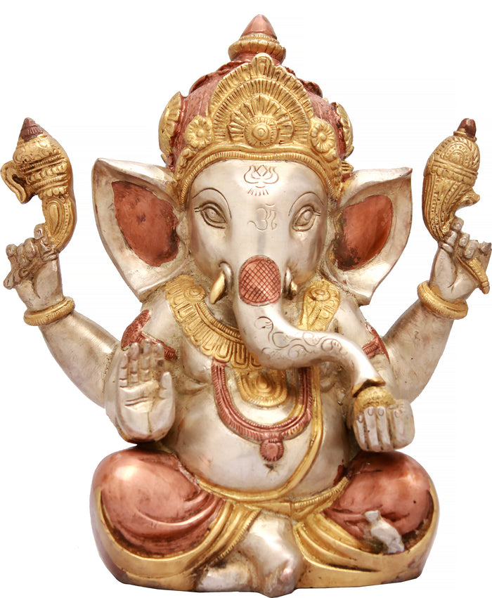 9" Handmade Mukut Ganesha Brass Idol