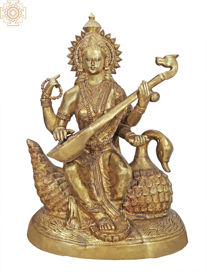 47" Large Size Goddess Saraswati Brass Statue Seated on Swan | Handmade | Made In India