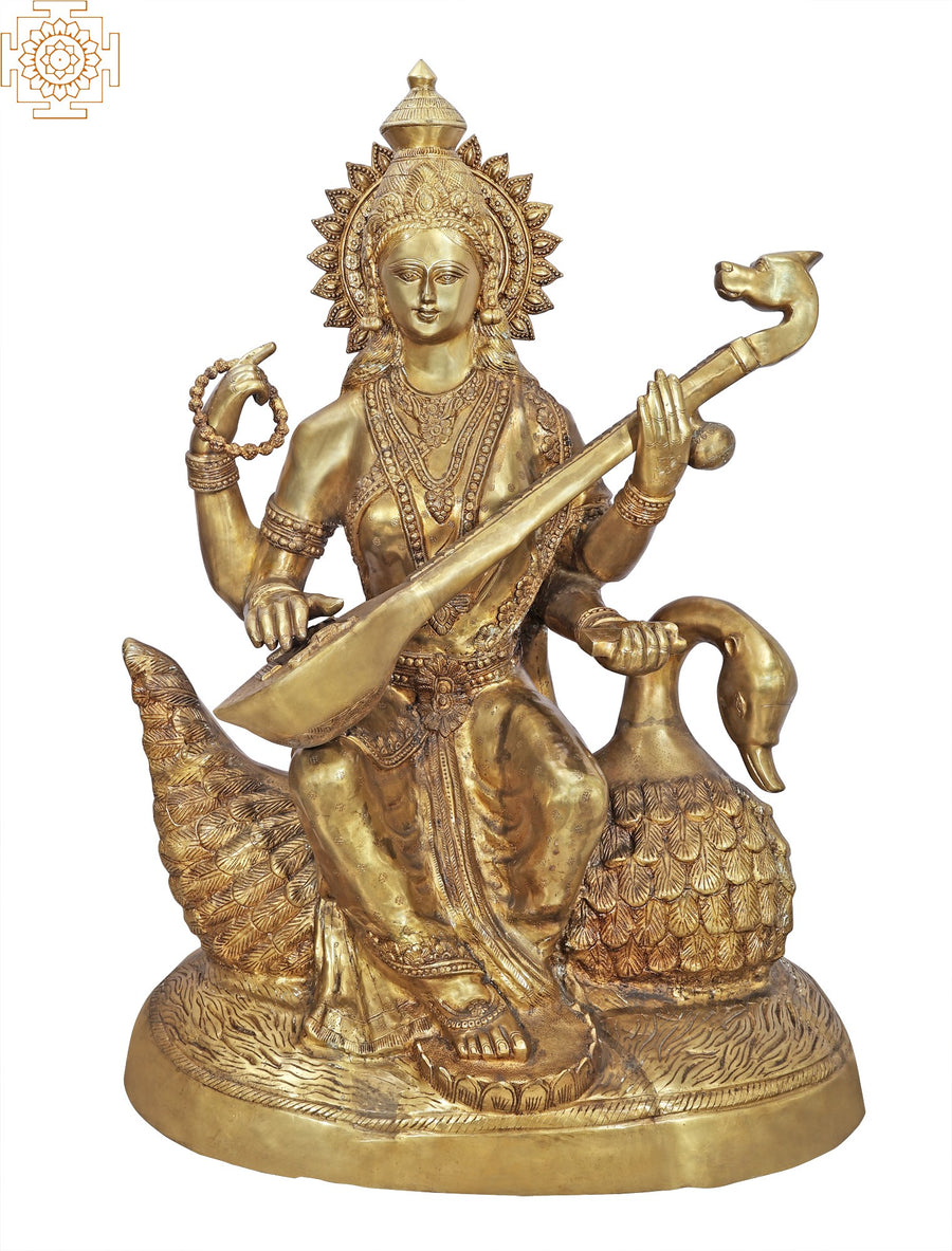 47" Goddess Saraswati Brass Statue Seated on Swan Handmade