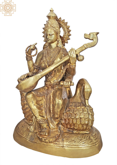 47" Large Size Goddess Saraswati Brass Statue Seated on Swan | Handmade | Made In India