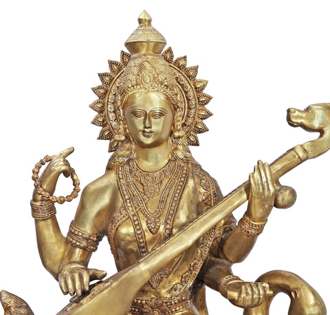 47" Large Size Goddess Saraswati Brass Statue Seated on Swan | Handmade | Made In India