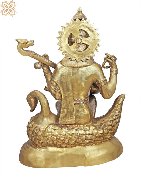 47" Large Size Goddess Saraswati Brass Statue Seated on Swan | Handmade | Made In India