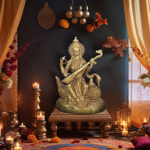 47" Large Size Goddess Saraswati Brass Statue Seated on Swan | Handmade | Made In India