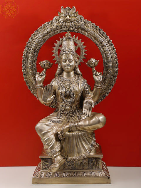53" Super Large Goddess Lakshmi Brass Statue on Lotus | Exquisite Handmade Sculpture