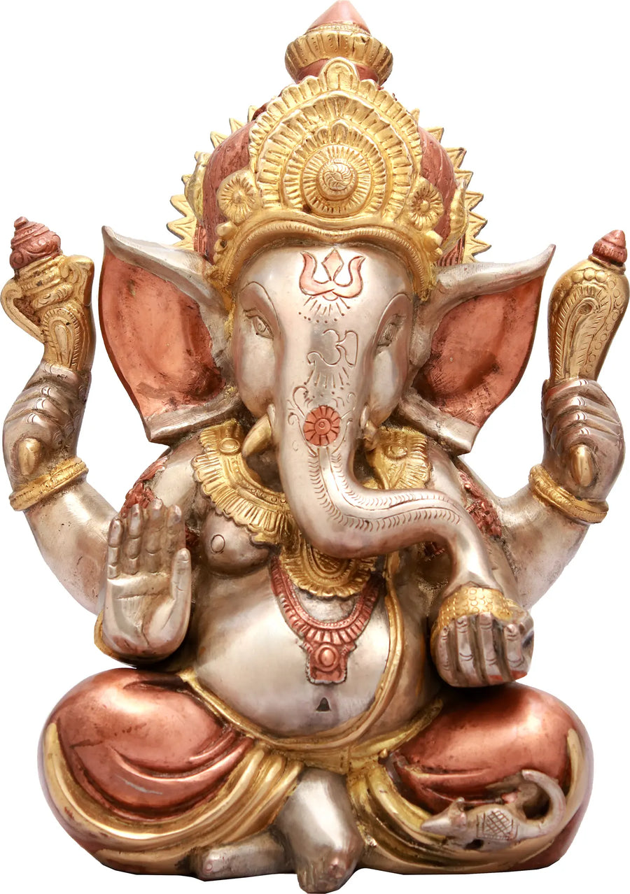 12" Crowned Ganesha Brass Idol Handmade