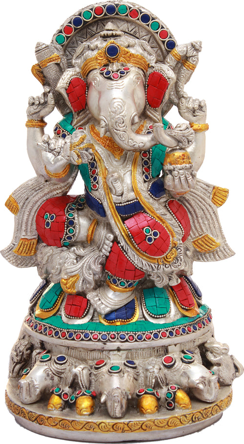 12" Handmade Lord Ganesha Brass Statue with Inlay