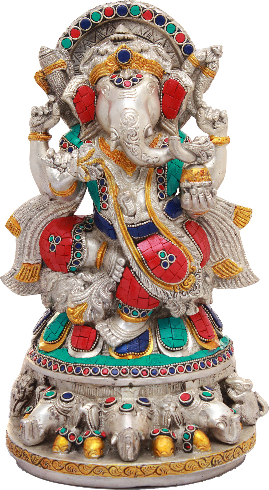 12" Handmade Lord Ganesha Brass Statue with Inlay