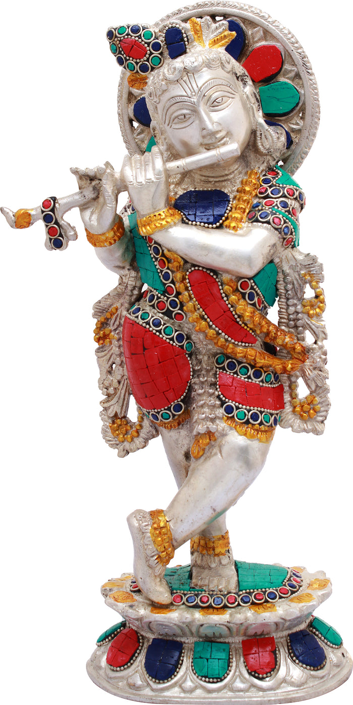 13" Handmade Krishna Brass Statue for Home Pooja