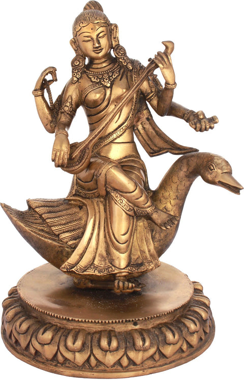 13" Goddess Saraswati Brass Sculpture | Handmade | Made in India