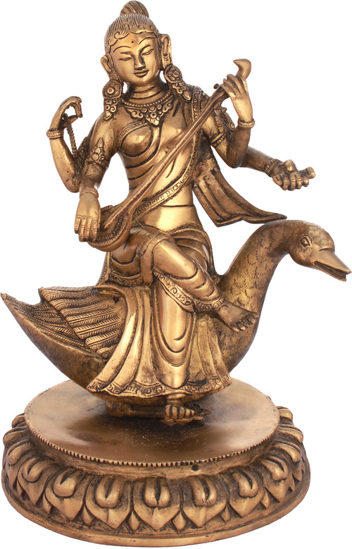 13" Handmade Goddess Saraswati Brass Idol for Home Pooja