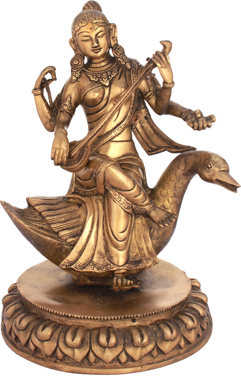 13" Goddess Saraswati Brass Sculpture | Handmade | Made in India
