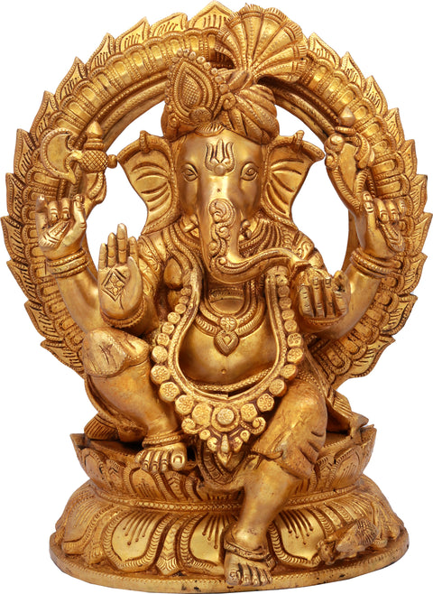 13" Turbaned Ganesha Brass Sculpture - Handcrafted Hindu Art for Spiritual Decor