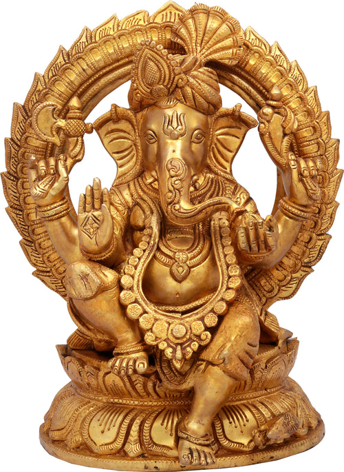 13" Handcrafted Turbaned Ganesha Brass Statue for Pooja