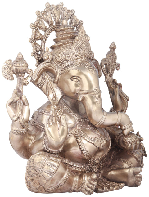 16" Chaturbhuja Seated Ganesha Granting Abhaya In Brass | Handmade | Made In India