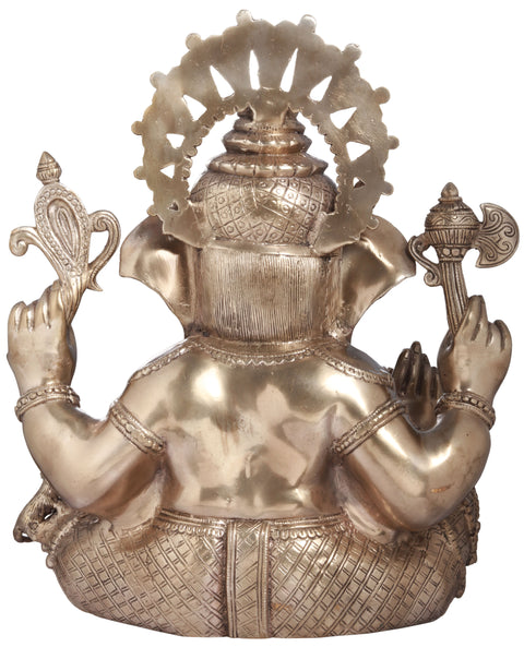 16" Chaturbhuja Seated Ganesha Granting Abhaya In Brass | Handmade | Made In India