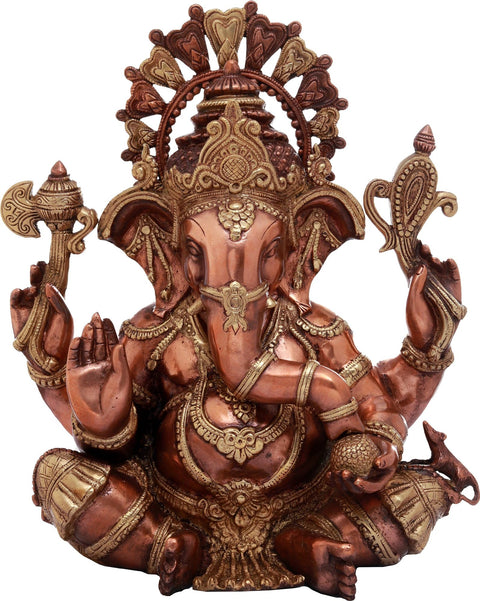 16" Chaturbhuja Seated Ganesha Granting Abhaya In Brass | Handmade | Made In India