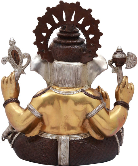 16" Chaturbhuja Seated Ganesha Granting Abhaya In Brass | Handmade | Made In India