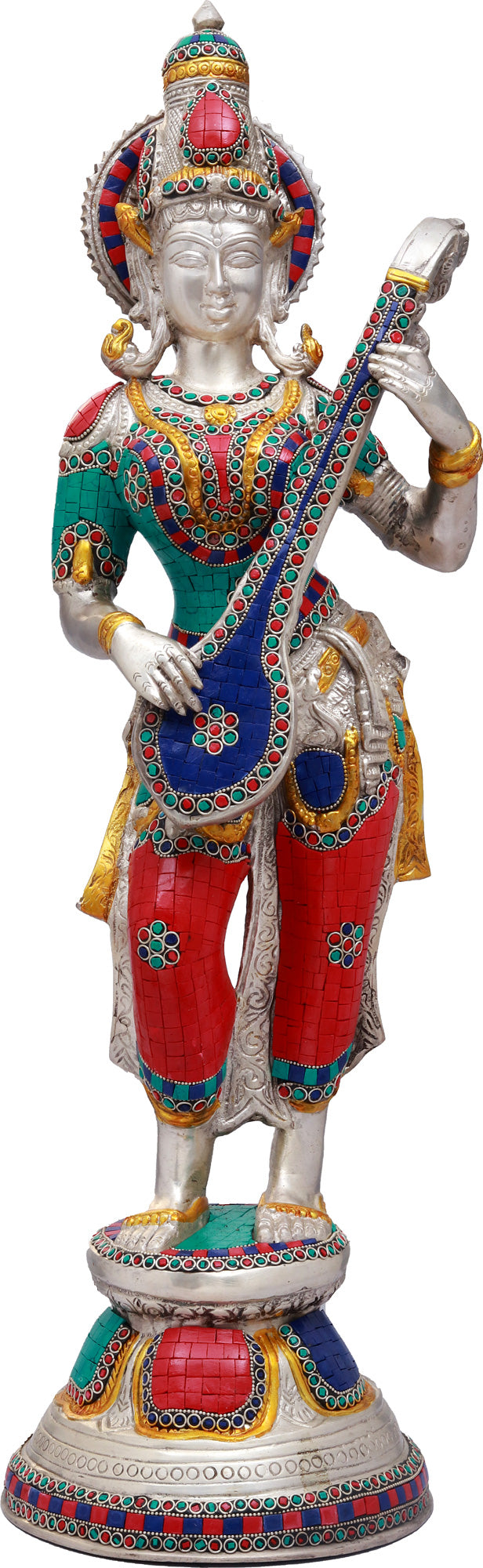 28" Standing Goddess Saraswati Brass Statue Handcrafted with Inlay Work