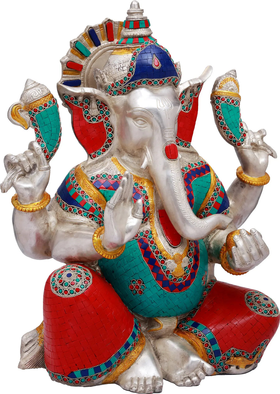 20" Handmade Ganesha Brass Statue with Inlay Detailing