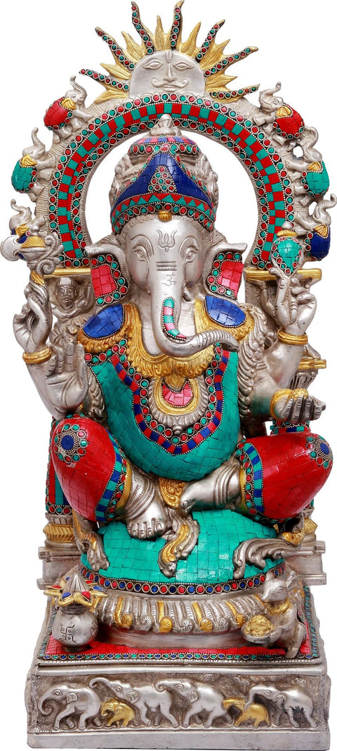 24" Lord Ganesha with Surya and Marching Elephants Aureole In Brass | Handmade | Made In India