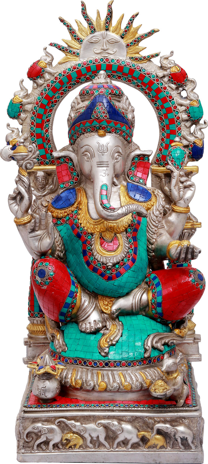 24" Lord Ganesha with Surya and Marching Elephants Brass Statue