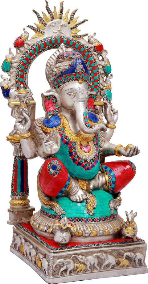 24" Lord Ganesha with Surya and Marching Elephants Aureole In Brass | Handmade | Made In India