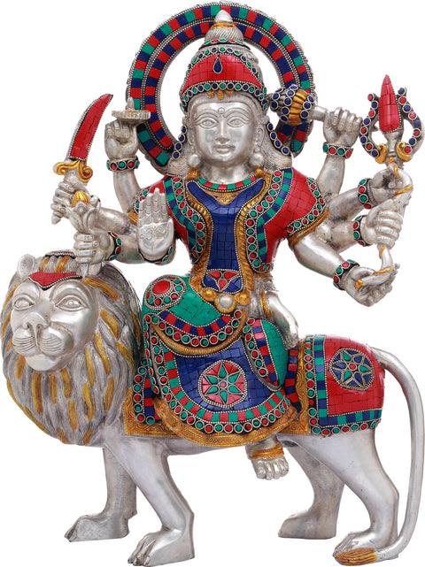 14" Ashtabhuja Simhavahini Durga Brass Statue – Handmade Indian Craft