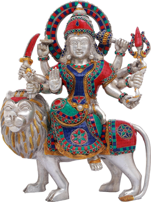 14" Ashtabhuja Durga on Lion Brass Statue Handmade
