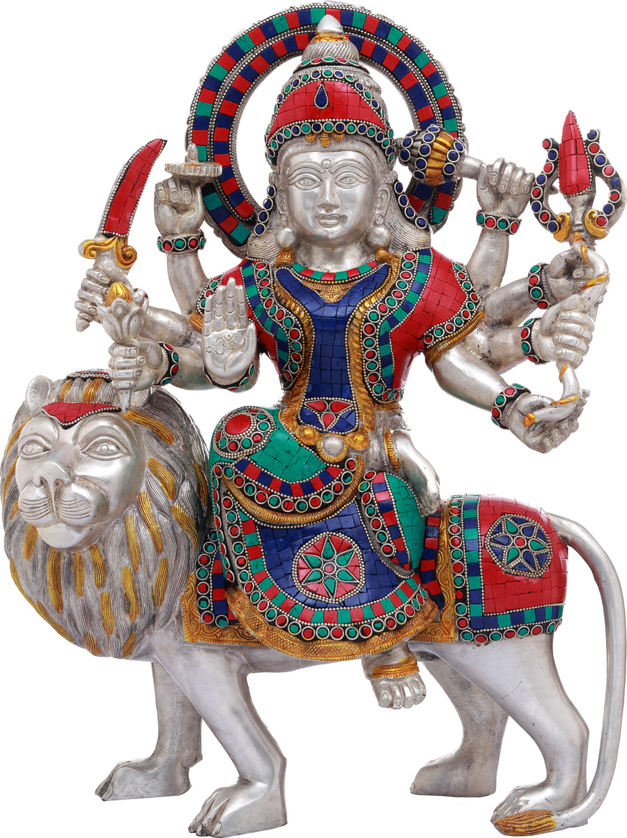 14" Ashtabhuja Durga on Lion Brass Statue Handmade