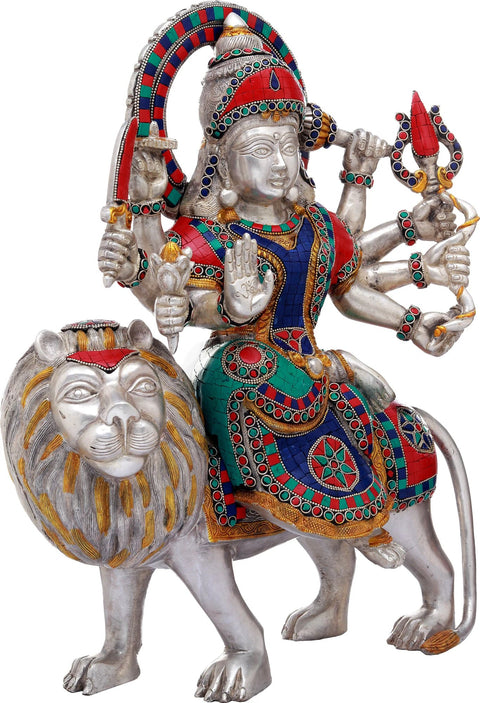 14" Ashtabhuja Simhavahini Durga Brass Statue Ð Handmade Indian Craft