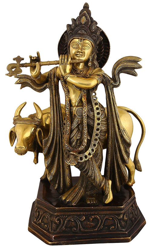 20" Handmade Brass Krishna Statue with Cow Companion