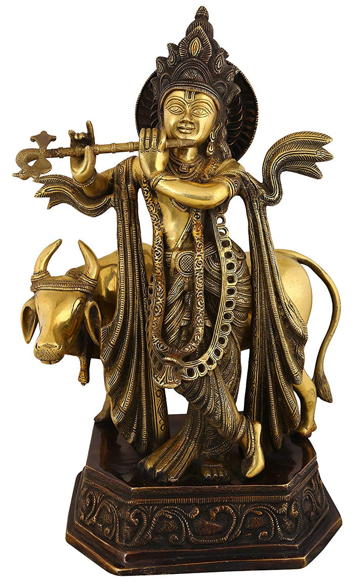 20" Handmade Brass Krishna Statue with Cow Companion