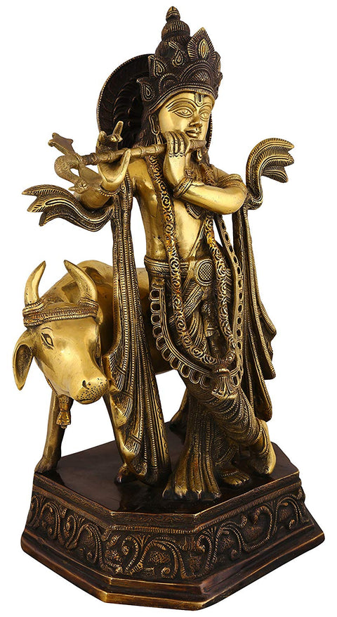 20" Luxuriantly Draped Krishna, Accompanied By His Companion The Cow In Brass | Handmade | Made In India