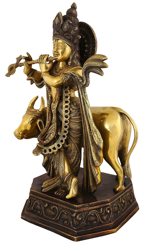 20" Luxuriantly Draped Krishna, Accompanied By His Companion The Cow In Brass | Handmade | Made In India