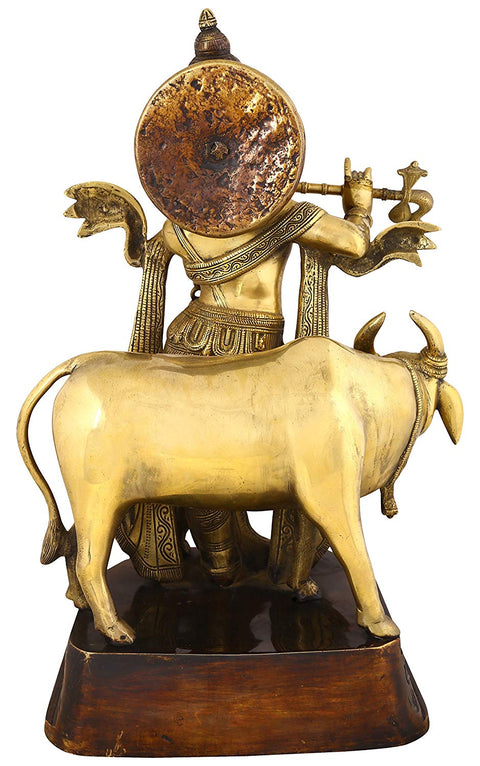 20" Luxuriantly Draped Krishna, Accompanied By His Companion The Cow In Brass | Handmade | Made In India
