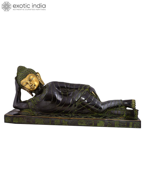 27" Resting Buddha Brass Statue – Inky Black Robe, Glowing Countenance | Tranquil Handmade Sculpture