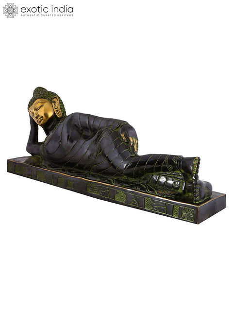 27" Resting Buddha Brass Statue – Inky Black Robe, Glowing Countenance | Tranquil Handmade Sculpture