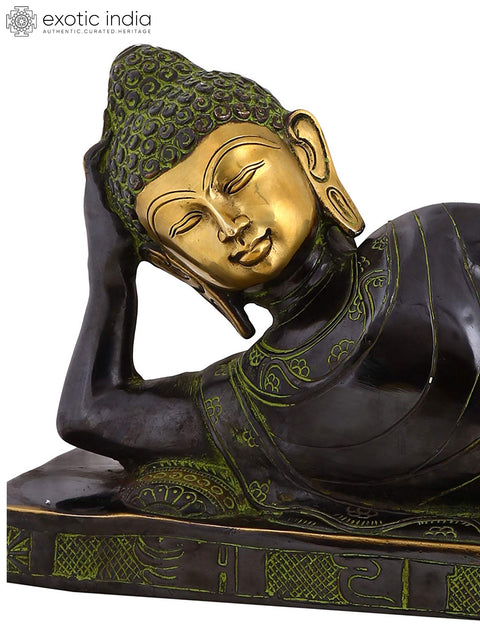 27" Resting Buddha Brass Statue – Inky Black Robe, Glowing Countenance | Tranquil Handmade Sculpture