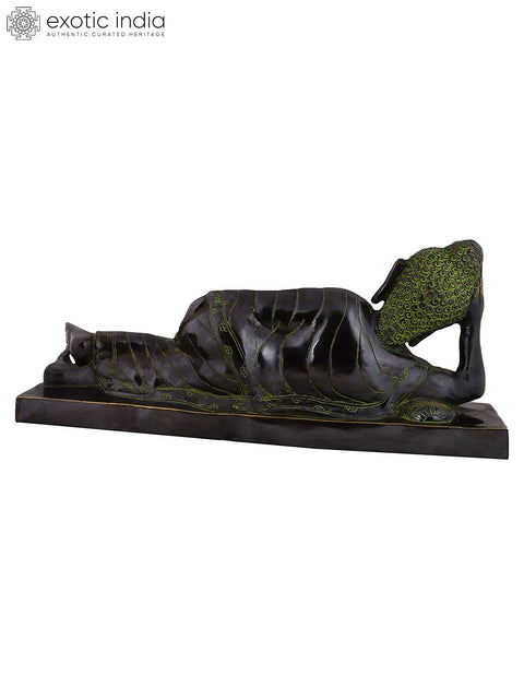 27" Resting Buddha Brass Statue – Inky Black Robe, Glowing Countenance | Tranquil Handmade Sculpture