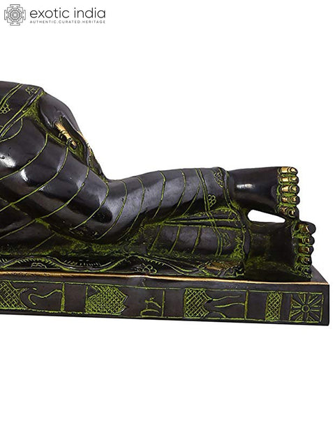 27" Resting Buddha Brass Statue – Inky Black Robe, Glowing Countenance | Tranquil Handmade Sculpture
