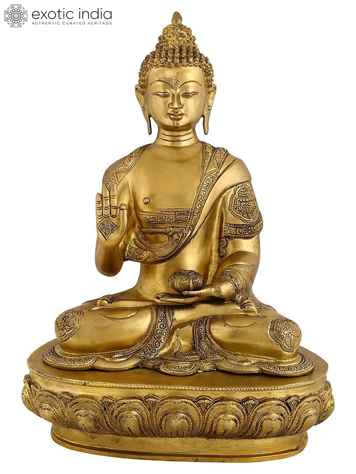 17" Seated Buddha Brass Statue for Meditation and Home Decor