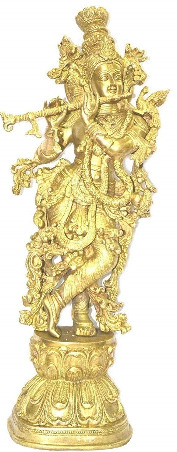30" Krishna Standing with Flute Handmade Brass Statue