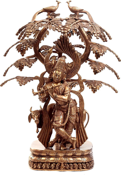 33" Krishna Under The Tree Statue with Cow In Brass | Handmade | Made In India