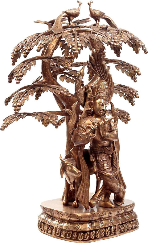 33" Krishna Under The Tree Statue with Cow In Brass | Handmade | Made In India