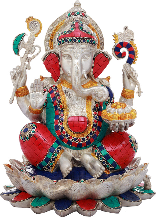 11" Lord Ganesha Seated on Lotus Brass Idol Handmade