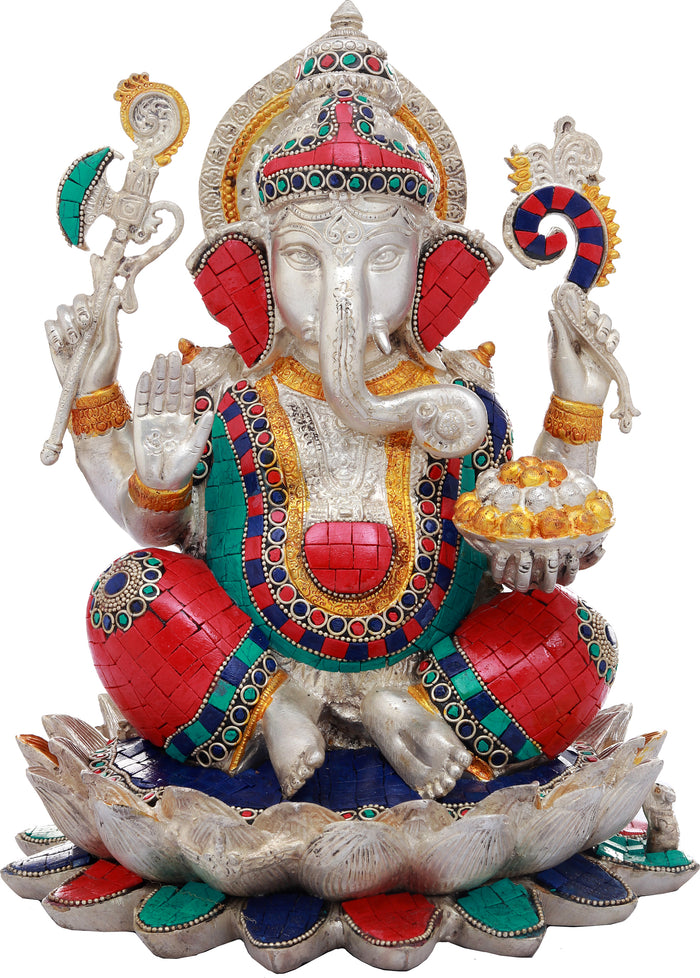 11" Lord Ganesha Seated on Lotus Brass Idol Handmade