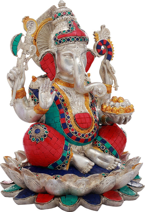 11" Lord Ganesha Seated on Lotus In Brass | Handmade | Made In India