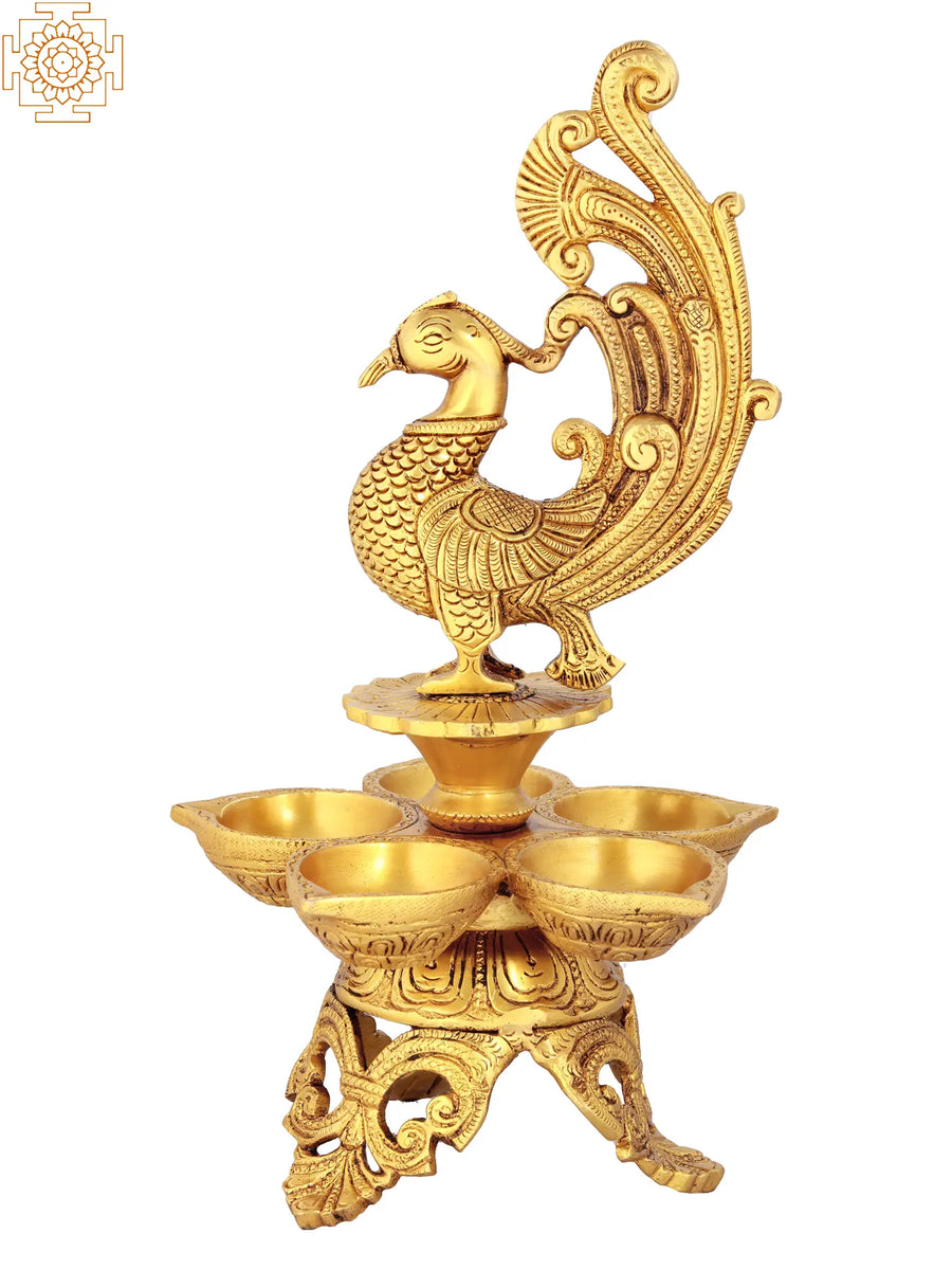 11" Handmade Brass Peacock Oil Lamp with Five Wicks