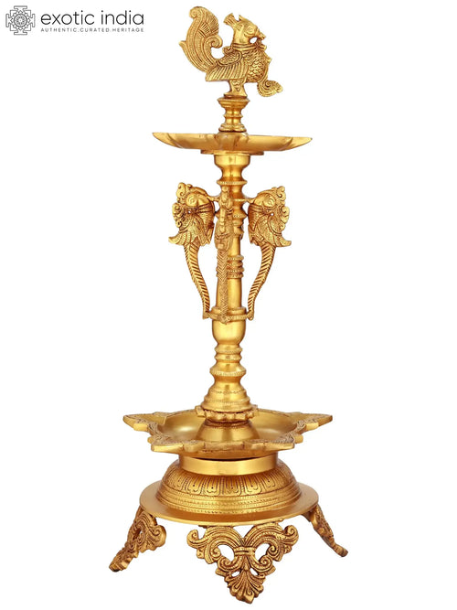 19" Handmade Brass Mayur Lamp with Ten Wicks and Stand
